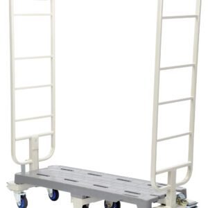 The Vestil Nesting Slim Cart 44 X 16.5 has a sturdy gray base and ladder-like side panels, with six blue wheels for smooth gliding, making it perfect for moving heavy items in warehouses or industrial settings.