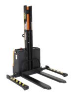 The Vestil Stacker Pwr Lift/Dr Fix Frk 62In Adj Leg is an electric model in yellow and black, with 62-inch forks and a vertical mast. It has a rear control handle, side warning stripes, and is ideal for efficiently lifting pallets in warehouses.