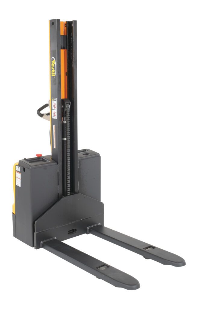 The yellow and black Vestil Stacker, Pwr Lift/Dr 27 In Fix Frk 62 In, is an electric pallet stacker designed for easy lifting and transporting of heavy loads in warehouses. It features extended forks, rear controls, with visible brand logo and safety labels.