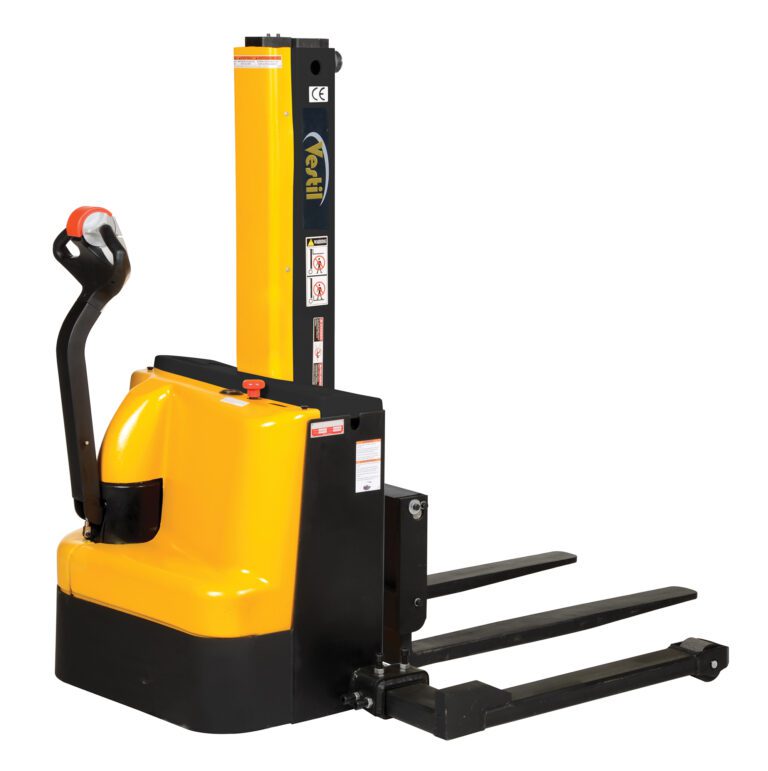The Vestil Stacker Narrow Mast Pwr Drive Aa 90 showcases a yellow and black design, ideal for precise maneuvering. It features a control handle, 90 prongs for lifting pallets, and safety labels for enhanced usability.