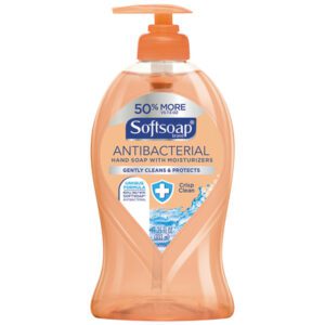 The Softsoap® Antibacterial 11.25 oz. dispenser bottle, available in cases of six, features moisturizers and a pump top for gentle hand cleaning and protection. Its vibrant orange design and crisp clean scent make it ideal for any home or office setting.