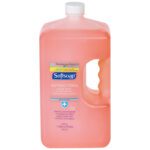 A large, 1-gallon jug of Softsoap® Antibacterial Hand Soap features Benzalkonium Chloride. The translucent orange container has a white cap and built-in handle, ideal for commercial use. Available in convenient cases of four under the name Softsoap® (4/Case).