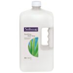 A large 1-gallon refill bottle of Softsoap® with Aloe, perfect for moisturizing and featuring a built-in handle. The label highlights aloe vera leaves.