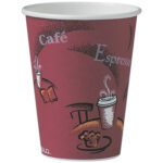 The Solo® Paper Hot Cups - 12 oz., Bistro Design, feature maroon cups with steaming coffee, muffin graphics, and Café Espresso text. These stylish cups are perfect for serving hot beverages and come in a convenient package of 300 per case.