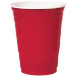 The Solo® Party Cups - 16 oz, Red (1000/Case) are perfect for gatherings. These durable cups have a white interior and signature ridges near the top and middle, making them ideal for beverages at parties.