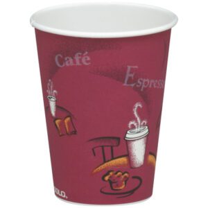 A maroon 8 oz. Solo® Paper Hot Cup featuring a Bistro design with a steaming cup, chair, and muffin. Café and Espresso embellish the cup—perfect for enjoying your brew. Sold 1000 per case.