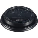 Close-up of a black Solo® Paper Hot Cup Lid for an 8 oz disposable cup, featuring CAUTION HOT text, a drinking slot, recycling symbol, and number 6. Available in cases of 1000, these lids prioritize safety and convenience.