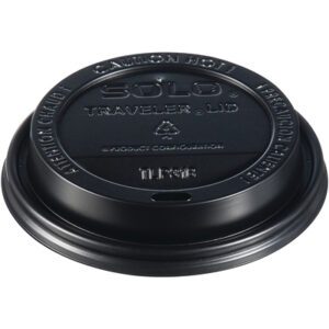 Close-up of a black Solo® Paper Hot Cup Lid for an 8 oz disposable cup, featuring CAUTION HOT text, a drinking slot, recycling symbol, and number 6. Available in cases of 1000, these lids prioritize safety and convenience.