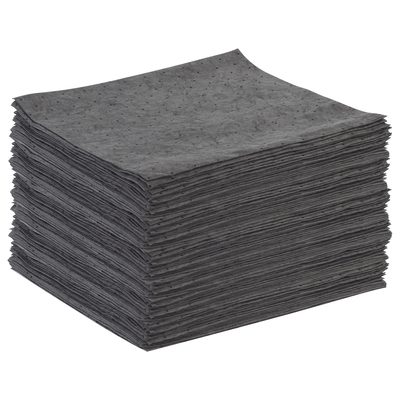 SORB100.jpg A stack of MH-USA Universal Sorbent Pads - 16 x 18, Light (200/Case) is neatly piled, each with a textured surface and small perforations, designed to soak up spills, displayed against a plain white background.