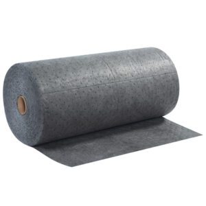 The MH-USA Universal Sorbent Roll - 32 x 150, Heavy, is a versatile, gray absorbent material with visible perforations, ideal for efficiently handling spills. It is partially unrolled and displayed against a plain white background.