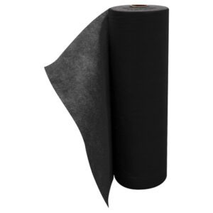 A large, partially unrolled MH-USA High Traffic Sorbent Mat (36 x 300) stands upright against a white background with its black felt material featuring a slightly textured surface, neatly rolled from the left edge.