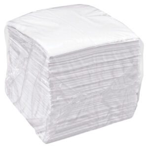 A large stack of white paper napkins is wrapped in clear plastic, forming a neat rectangular block, just like MH-USA Oil Only Sorbent Pads - 16 x 18, Medium (100/Case), ensuring convenience and organization for any occasion.