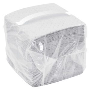 A sealed clear plastic bag holds a stack of MH-USA Oil Only Sorbent Pads - 16 x 18, Heavy (100/Case), featuring absorbent white square pads with small perforations neatly arranged inside for protection and convenience.