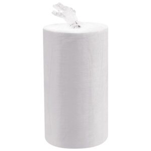 A large MH-USA Oil Only Sorbent Roll, 32 x 150, heavy, white and cylindrical, with partially opened plastic wrap at the top, isolated on a white background.