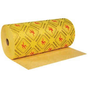 A yellow caution tape with red and black symbols and text CAUTION and CUIDADO lies beside a partially unrolled MH-USA Hazmat Sorbent Roll - 32 x 150, showcasing its texture, while the heavy-duty sorbent is ready for spill emergencies.