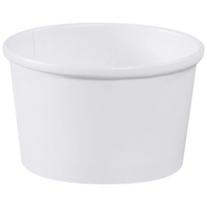 A plain, white, cylindrical paper cup with smooth sides and no lid rests on a white backdrop, much like the versatile MH-USA Soup Containers - 8 oz. (500/Case).
