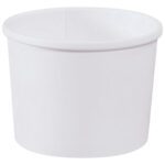 The 12 oz. MH-USA Soup Containers are plain white, cylindrical paper cups with rolled rims, perfect for serving ice cream or soup. Featuring a smooth exterior without branding, theyre sold in cases of 500.