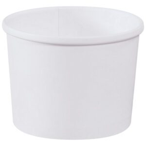 The 12 oz. MH-USA Soup Containers are plain white, cylindrical paper cups with rolled rims, perfect for serving ice cream or soup. Featuring a smooth exterior without branding, theyre sold in cases of 500.