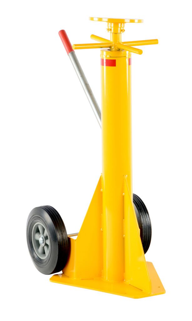 Meet the Vestil Stabilizing Spin Top Jack 50,000 Cap: a bright yellow mechanical tool with a cylindrical body and red-tipped handle, designed for heavy lifting. It features a sturdy base and two black rubber wheels for easy mobility.