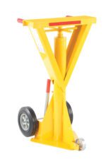 The Vestil Stabilizing Spin Top Beam Jack 50,000 Lb features a yellow hydraulic jack stand with a V-shaped top bracket, two black wheels for mobility, a red handle, and an adjustable screw for precise height adjustment.