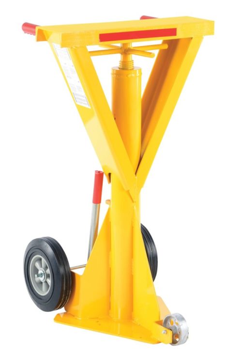 Meet the Vestil Stabilizing Spin Top Beam Jack 40,000 Lb: a sturdy yellow industrial jack stand with a triangular frame and black wheels. It boasts a central hydraulic mechanism and red-tipped top handles for effortless maneuvering, ideal for heavy-duty tasks.