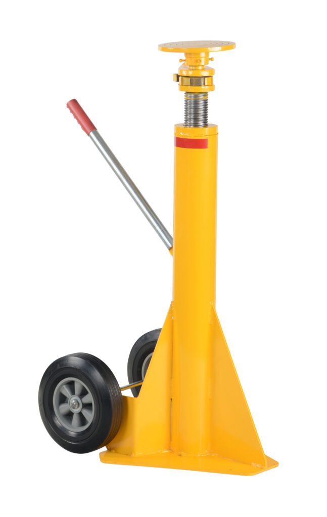 The Vestil Stabilizing Ratchet Jack 50,000 Lb features a yellow heavy-duty design with a screw mechanism, two black wheels, and a red-handled lever for lifting. Its triangular base offers stability to support heavy machinery or vehicles.