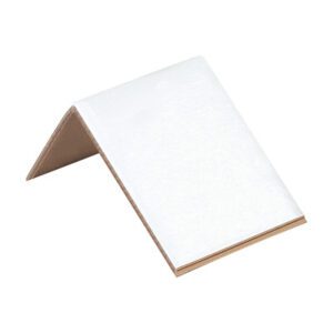 A white cardboard sheet folded into a triangular shape, resembling an MH-USA 2 x 2 x 3 .160 Strapping Protector from a pack of 1000, stands upright on a flat surface.