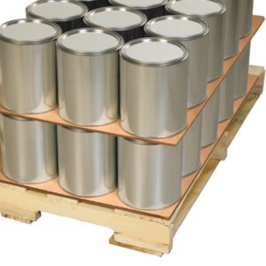 Stacks of silver paint cans are arranged neatly on wooden pallets in two layers, supported by MH-USA 48 x 60 Double Wall Corrugated Sheets (5/Bundle), with cardboard sheets separating the layers.