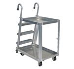 The Vestil Stock Picker Aluminum 22 x 36 cart features two shelves, top handles, wheels, and an angled ladder. With a 660 lb capacity, its silver metal frame ensures efficient transport and sleek industrial design.