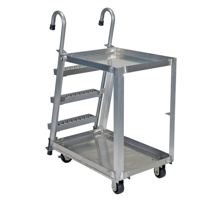 The Vestil Stock Picker Aluminum 22 x 36 cart features two shelves, top handles, wheels, and an angled ladder. With a 660 lb capacity, its silver metal frame ensures efficient transport and sleek industrial design.