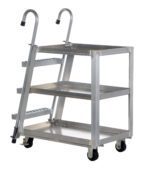 The Vestil Stock Picker Aluminum 22 X 36 is a metal utility cart with three open shelves, two sturdy handles, smooth caster wheels, and an aluminum ladder. It features a shiny industrial finish and supports up to 1000 lbs effortlessly with dimensions of 22 x 36 inches.