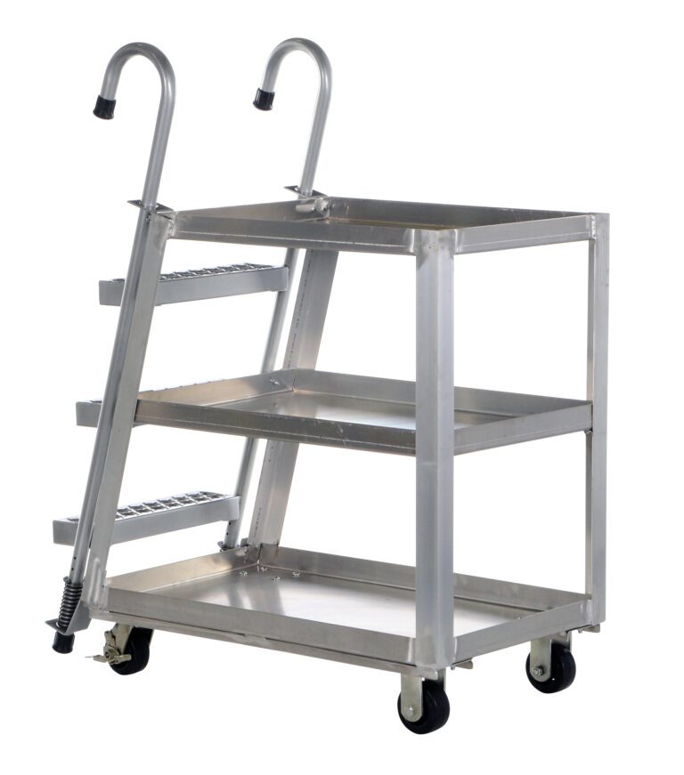 The Vestil Stock Picker Aluminum 22 X 36 is a metal utility cart with three open shelves, two sturdy handles, smooth caster wheels, and an aluminum ladder. It features a shiny industrial finish and supports up to 1000 lbs effortlessly with dimensions of 22 x 36 inches.