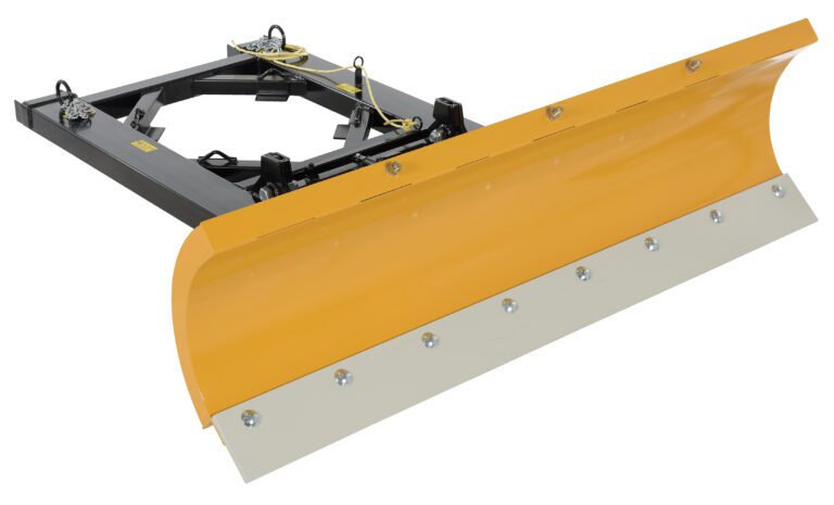 The Vestil Snow Plow Blade 6Ft, 5.5In Max Fork Width, features a yellow blade on a black metal frame with chains and connectors for easy vehicle attachment, designed to clear snow efficiently against a white background.