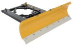 The Vestil Snow Plow Blade 6Ft 7.5In Max Fork Width features a yellow blade with a black frame and hydraulic components, designed for efficient snow clearing with its angled structure and metallic edge.