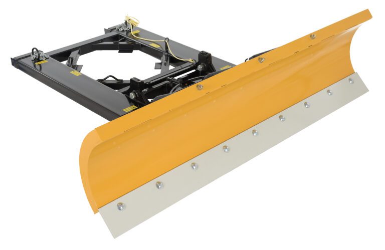 The Vestil Snow Plow Blade, designed for a max fork width of 7 ft 7.5 in, features a yellow blade on a black metal frame with visible hydraulics and wiring. Its wide, slightly curved structure is optimized for clearing snow and looks new and unused.