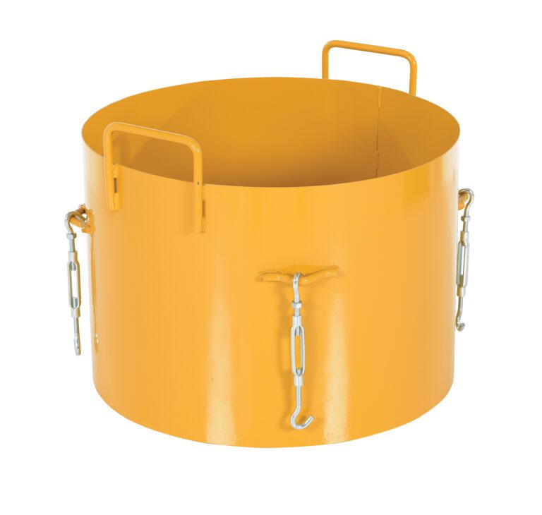 The Vestil Counter Balance Weight-Snow Plow Blade is a large, cylindrical, orange metal object with two vertical handles on top and three adjustable side hooks, likely used as an industrial tool or component.