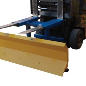 A Vestil Fork Mount Snow Plow Blade 72 in wide, featuring a blue attachment and yellow plow blade, is mounted on a forklift for material or snow movement. The forklift is partially visible against a plain background.