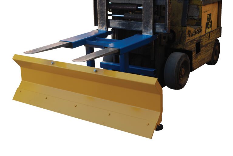 A Vestil Fork Mount Snow Plow Blade 72 in wide, featuring a blue attachment and yellow plow blade, is mounted on a forklift for material or snow movement. The forklift is partially visible against a plain background.