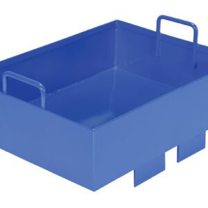 A blue rectangular metal container resembles a utilitarian Vestil Optional Weight-Fork Mount Snow Blade, featuring two upright handles on opposite sides and two slots at the bottom, with an unadorned interior.
