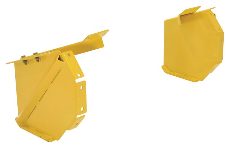Two yellow metal brackets, akin to the Vestil End Plates for Snow Plow Blades, are displayed on a white backdrop. The larger has multiple slots and bolt holes; the smaller features a solid design with angled edges and flat surfaces.