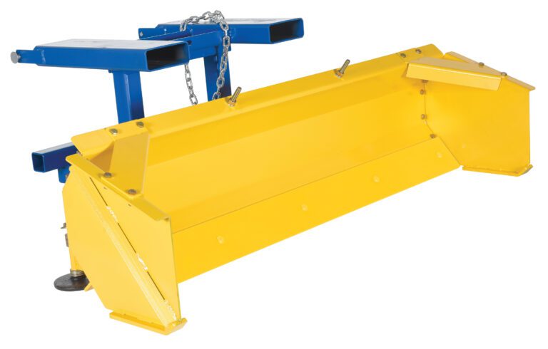 The Vestil Fork Mount Snow Plow Push Box 72 In Wide features a yellow and blue design with a strong chain and metal connectors. Its yellow blade is designed for efficient snow removal, with angled ends for optimal clearing, while the blue frame securely mounts to the vehicle.