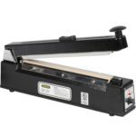 The MH-USA 12 Impulse Sealer features a black metallic and plastic design, with a long sealing arm, adjustable top knob, and side control panel including a power switch and indicator light.