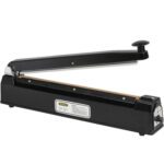 The MH-USA 20 Impulse Sealer, with a sleek black design, features a long sealing arm and top control knob for sealing plastic bags. It has a flat rectangular base and a side power indicator for simple use.