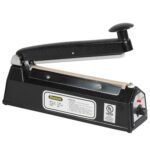 The MH-USA 8 Impulse Sealer features a sleek black design, lever handle, user-friendly controls, and a side label with brand information and safety certifications.