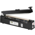 The MH-USA 12 Impulse Sealer with Cutter is a black device with a straight sealing bar, side control panel, top handle, and labels showing specifications and safety certifications.