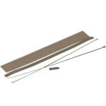 A set of harp strings and components, featuring two long metal strings with loops, a thin metal strip, and a small triangular piece with holes, is displayed against a white background—exuding almost the same precision as the MH-USA 12 Impulse Sealer with Cutter Service Kit.