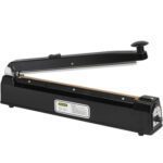 The MH-USA 16 Impulse Sealer with Cutter is a sleek black device featuring an open arm and sturdy rectangular base, complete with a front control knob and power indicator. Its perfect for efficiently sealing plastic bags.