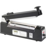 The MH-USA 8 Impulse Sealer with Cutter is a sleek black device featuring a long, flat sealing surface, top handle, side label, and adjustable heat setting dial for precise sealing. UL listed for safety.