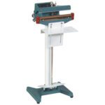 The MH-USA 12 Foot Operated Impulse Sealer, in teal and silver with a vertical stand and white base, features a top control panel and flat sealing bar for easy sealing of plastic bags and packaging materials.