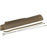 A partially unrolled brown material, two thin strips, and a pair of metal rods with looped ends are arranged on a white background. These components resemble those in the MH-USA 12 Foot Operated Impulse Sealer Service Kit.